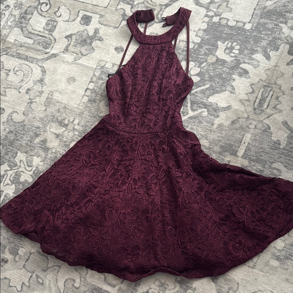 Plum (Burgundy) Halter Fit and Flare Backless Dress